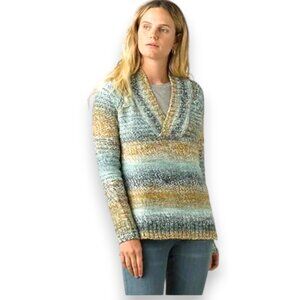 prAna Claus Sweater Textured Wool Blend V-Neck XL Ombre High-Low Hem